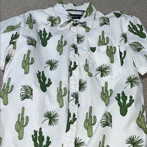 Men's White Short-Sleeve Button-Down Shirt with Green Cactus Print - Avensty